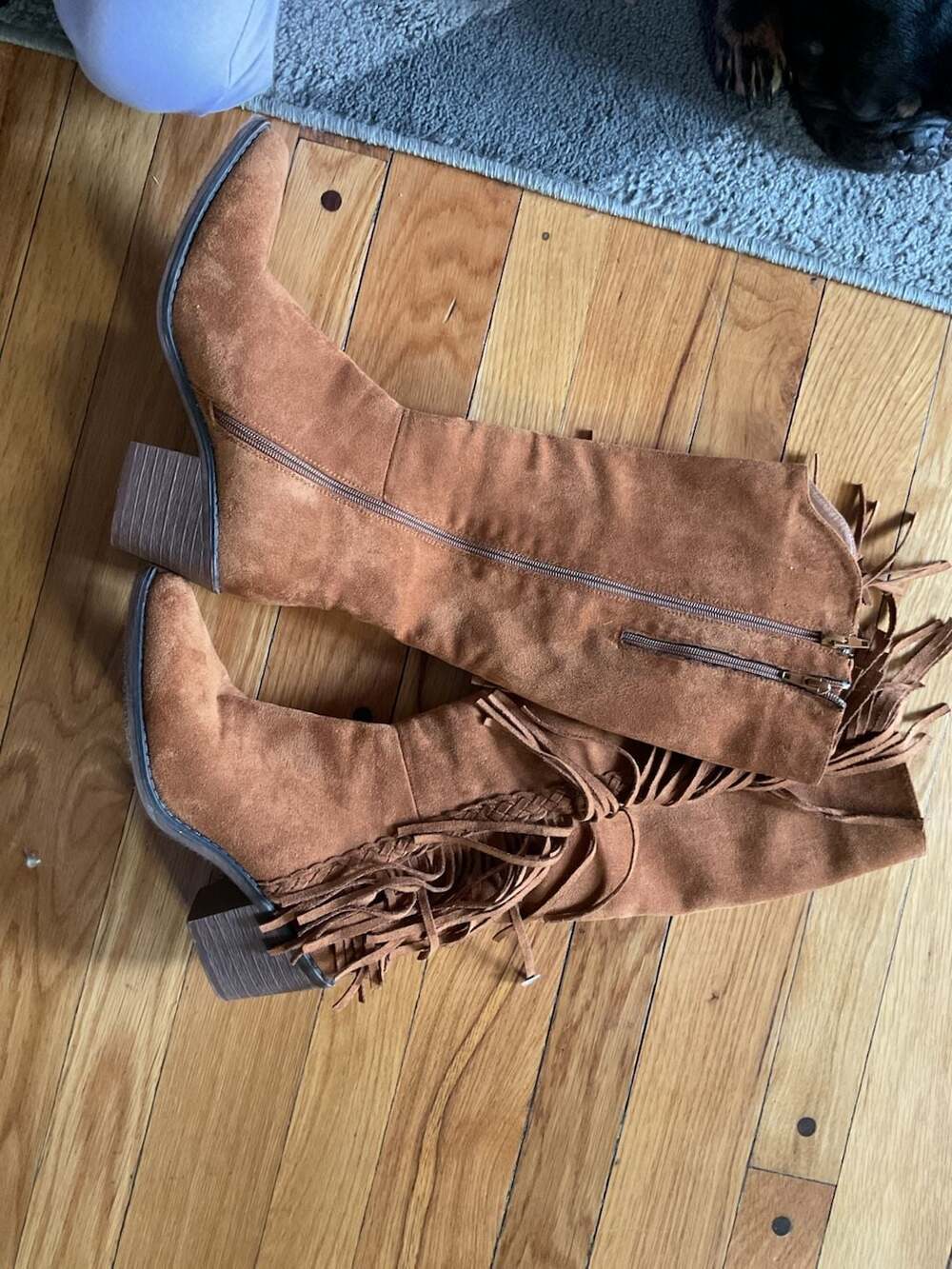 Tan Faux Suede Fringe Knee-High Boots with Block Heel and Side Zipper